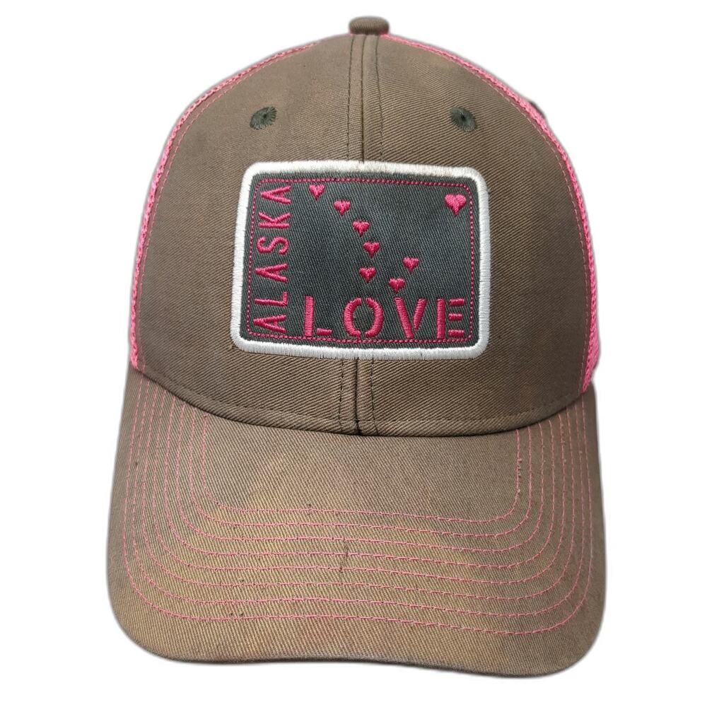 Ouray Sportswear Alaska Love Trucker Hat Brown Pink One Size Heart Patch
